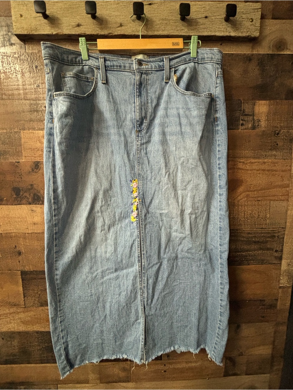Universal Thread Light Blue Straight Denim Maxi Skirt with Floral Accent